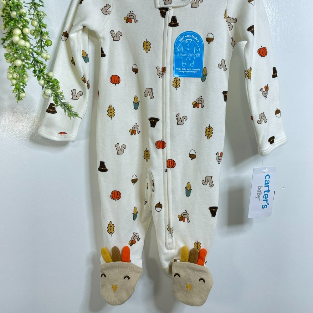 New Carter’s Baby Newborn Footed Sleep Play Turkey Thanksgiving 2 way Zip - Picture 2 of 6